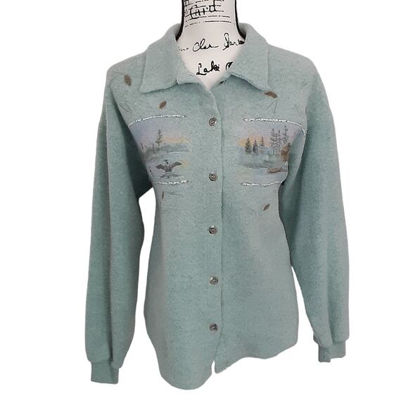 Vintage 90s Collared Shacket Blue Cabin Scene Button Down Shirt Jacket S USA - Picture 1 of 10
